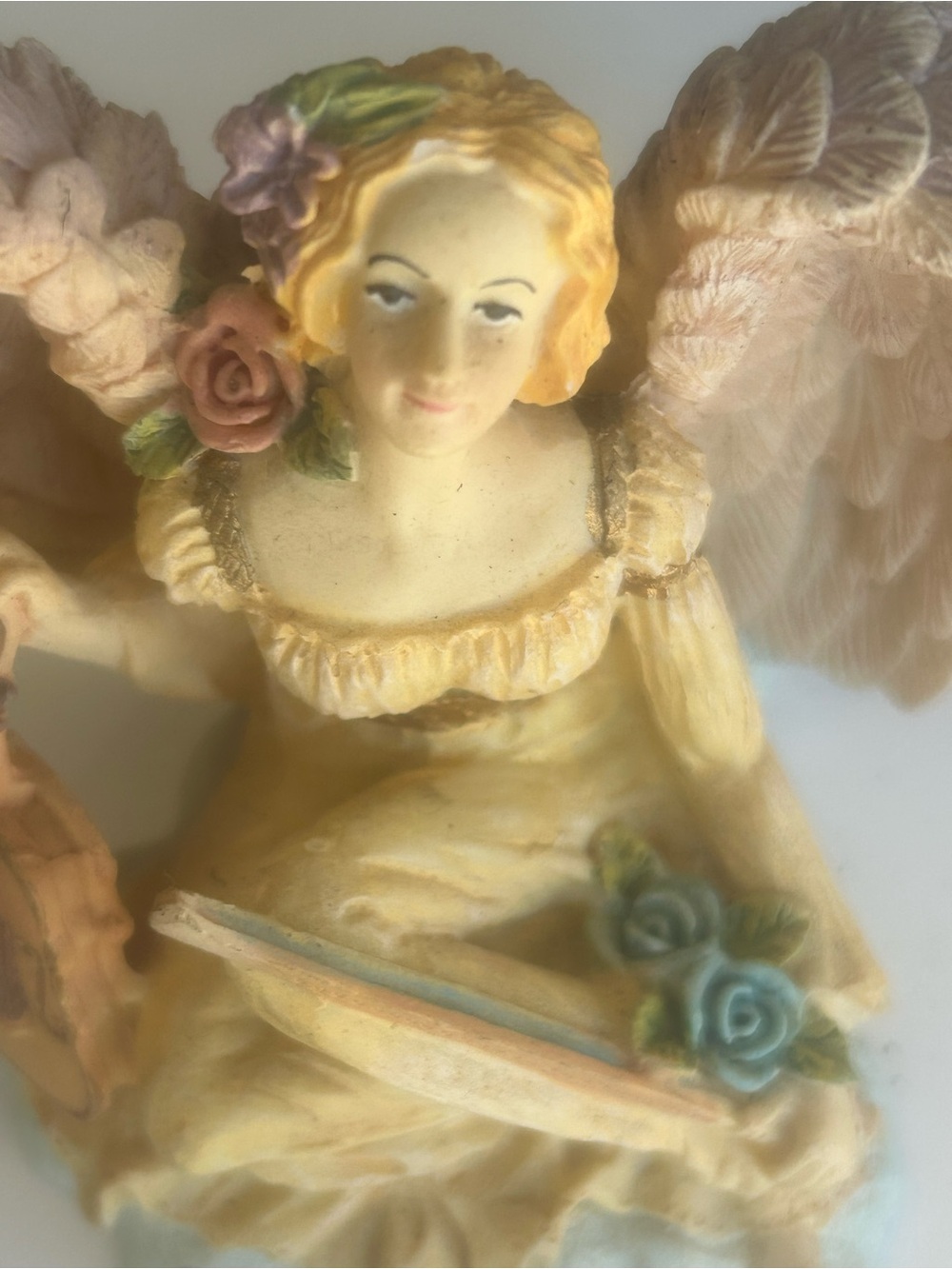 Vintage Hand Painted/Angel Figurine/Harp/Book/Floral Wings/4.5” Tall